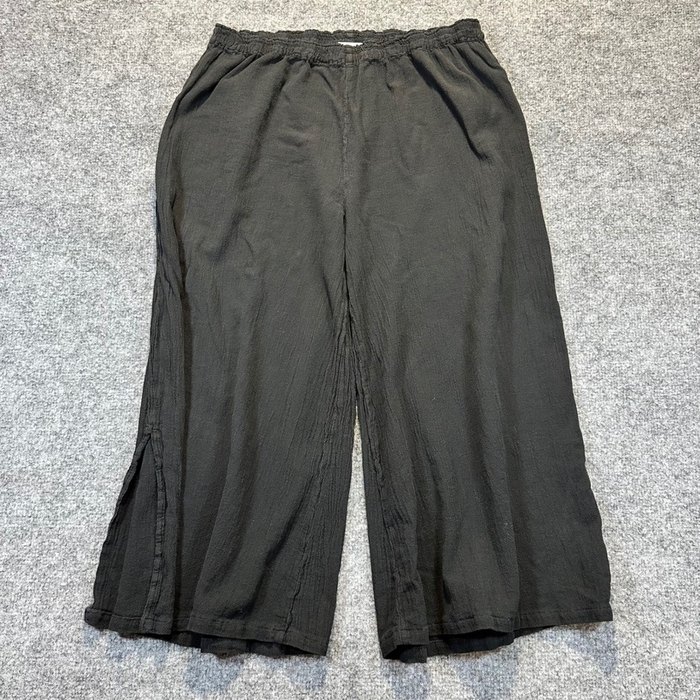 Oh My Gauze Wide Leg Pants Women Size 1 Black Boho Coastal Lagenlook Slit Hem